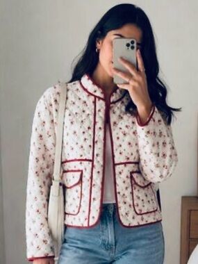 7 For All Mankind White Quilted Floral Jacket with Red Trim